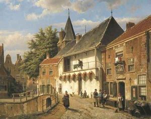 Dutch Street with Figures by an Inn by a Bridge by Willem Koekkoek