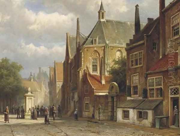 Figures by a wellhead in a Dutch town - view 1