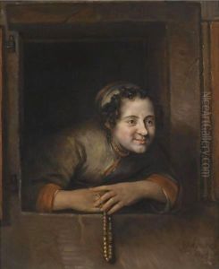 A young woman leaning out of a window, holding a pearl necklace