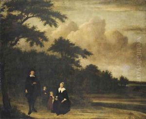 Group portrait of a gentleman and a lady with their children in an extensive wooded landscape by Philips Koninck