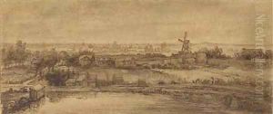 An extensive landscape with a lake in the foreground, a mill in the middle distance and a town beyond by Philips Koninck
