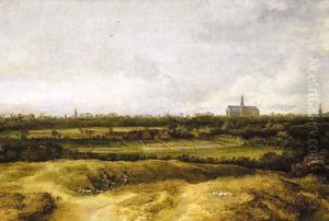 The bleaching fields near Haarlem with sportsmen in the foreground, a view of St. Bavo's beyond by Philips Koninck