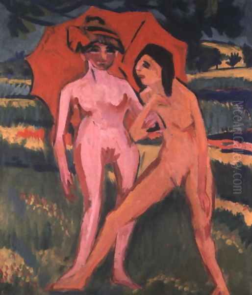 Two Women under a Red Umbrella - view 1