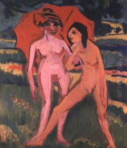 Two Women under a Red Umbrella by Ernst Ludwig Kirchner