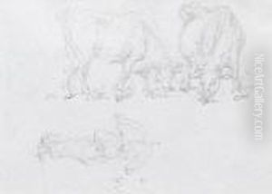 Study Of Two Cows And A Figure Carrying An Umbrella 
 Inscribed In Shorthand by George Chinnery
