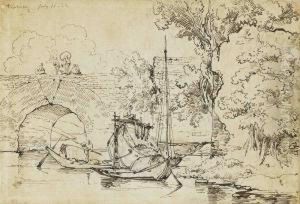 Native Boats Near A Bridge, India by George Chinnery