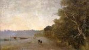 Oriental Wooded River Landscape With Figures