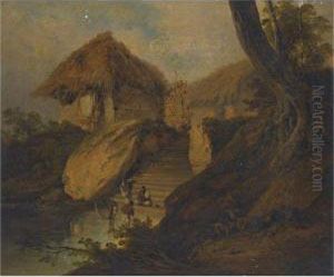 Figures Washing In A River With Thatched Huts Behind, Bengal, India