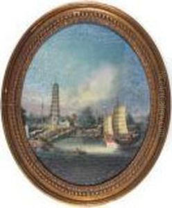 Coastal Scenes Near Macao Withtwo Women Rowing A Junk And Ships Near A Temple