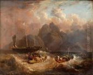 Chinese Boats Caught In A Squall, Amountainous Island Beyond.