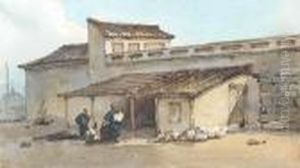 Chinese Figures Outside A Walled Building