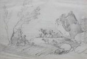 Figures, Cattle And Sheep By A Rockyoutcrop by George Chinnery