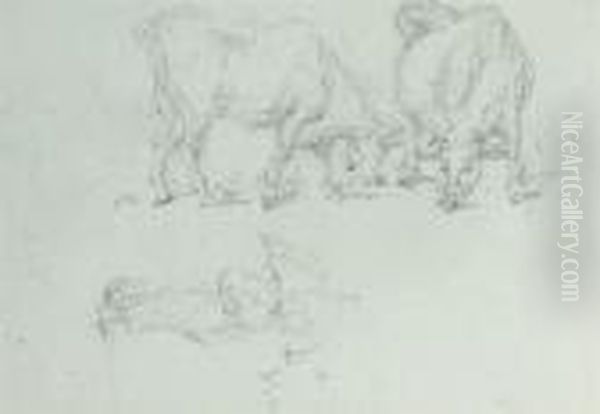 Study Of Cattle And A Figure Walking With A Parasol - view 1