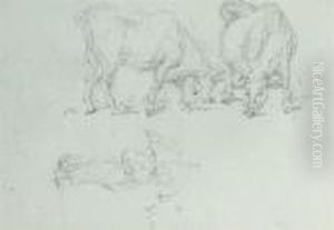 Study Of Cattle And A Figure Walking With A Parasol by George Chinnery