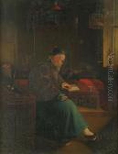 A Chinese Man Reading In A Interior - view 1