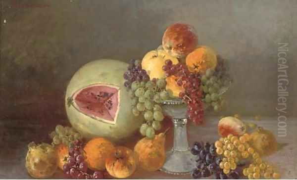 A melon, oranges, pears, grapes and pomegranates - view 1