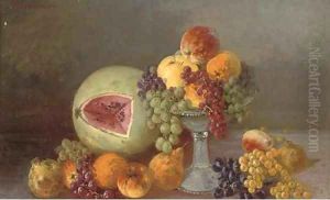 A melon, oranges, pears, grapes and pomegranates