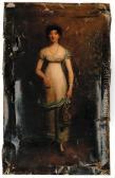 Portrait Of A Lady, Small
Full-length, In A White Dress And A Blueshawl, Holding A Basket Standing
In A Garden - view 1