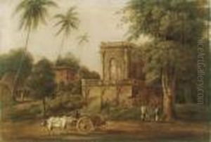An Oxen Cart Below A Mausoleum