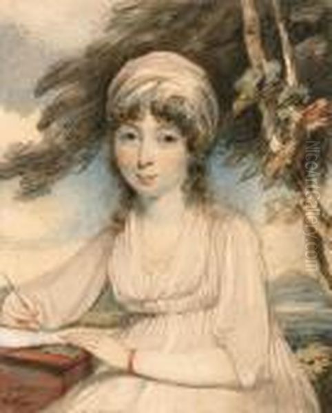 Portrait Of A Young Lady,
Three-quarter-length In A White Turban,wearing A White Dress Holding A
Pen In Her Right Hand, Seated In Awooded Landscape - view 1