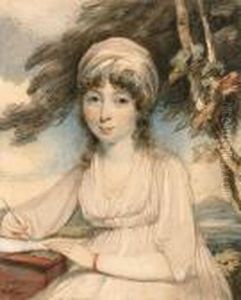 Portrait Of A Young Lady, 
Three-quarter-length In A White Turban,wearing A White Dress Holding A 
Pen In Her Right Hand, Seated In Awooded Landscape by George Chinnery