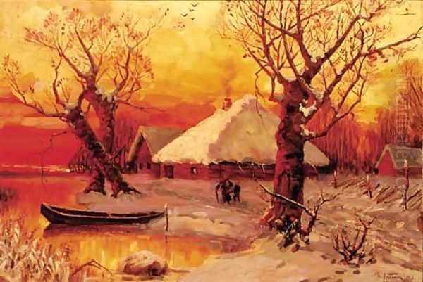 Winter - Lakeside Settlement at Sunset - view 1