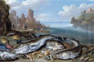Harbour Scene with Fish 1660 by Jan van Kessel