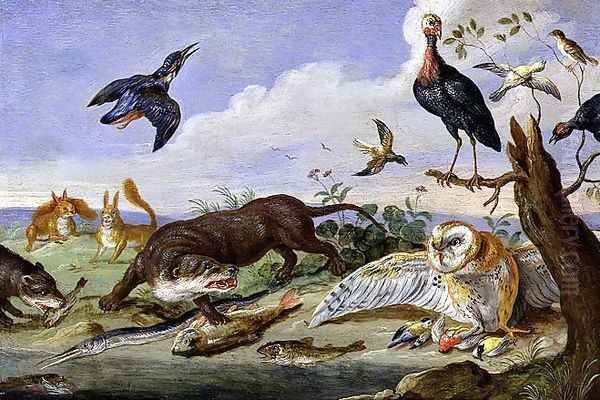 An Otter and an Owl Guarding their Catches - view 1
