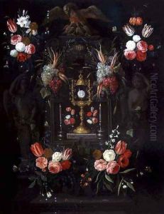 A Chalice with the Eucharist in a cartouche decorated with flowers and fruit