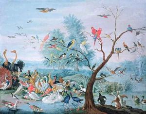 Tropical birds in a landscape