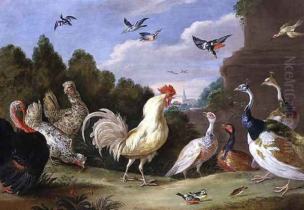 Wooded Landscape with a Cock Turkey Hens and other Birds - view 1