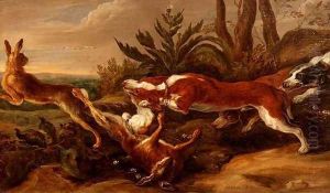 Hounds chasing hares in a landscape by Jan van Kessel