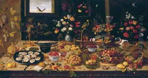 Table Covered with Vases of Flowers Baskets and Plates of Fruit and Small Animals by Jan van Kessel