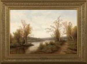 "bucolic Landscape Of Figures Walking On A Riverside Path" by Nils Hans Christiansen