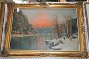 View Of A Fjord In Winter With Figures Skating Under A Setting Sun