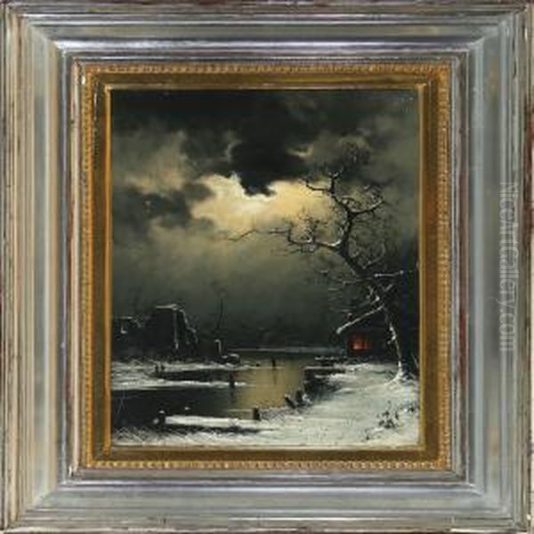 Canal Scene With Skaters In Moonlight - view 1