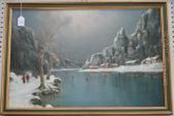 View Of A Fjord In Winter With Figures Skating - view 1