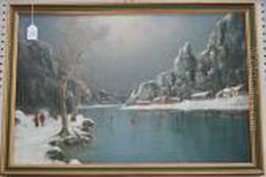 View Of A Fjord In Winter With Figures Skating by Nils Hans Christiansen