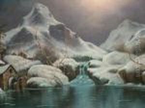 Winter River Landscapes With Cottages,woodland And Mountains by Nils Hans Christiansen