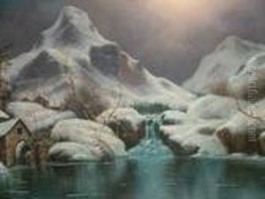 Winter River Landscapes With Cottages Woodland And Mountains