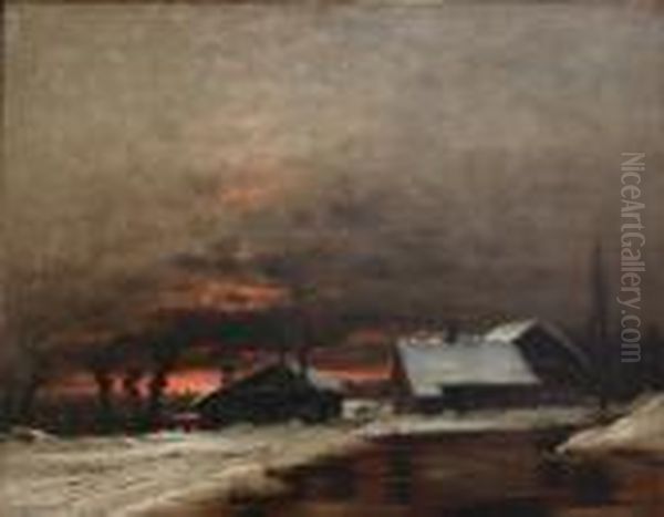 Snowy Landscape With Cottages Near A River At Dusk - view 1