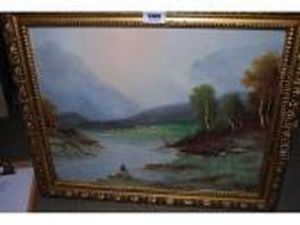Sheep By A Mountain River And Figure By A River by Nils Hans Christiansen