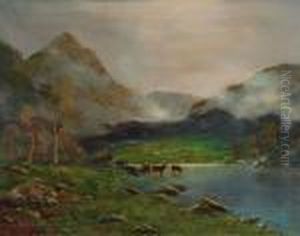 Extensive Highland Landscape With Cattle Watering by Nils Hans Christiansen