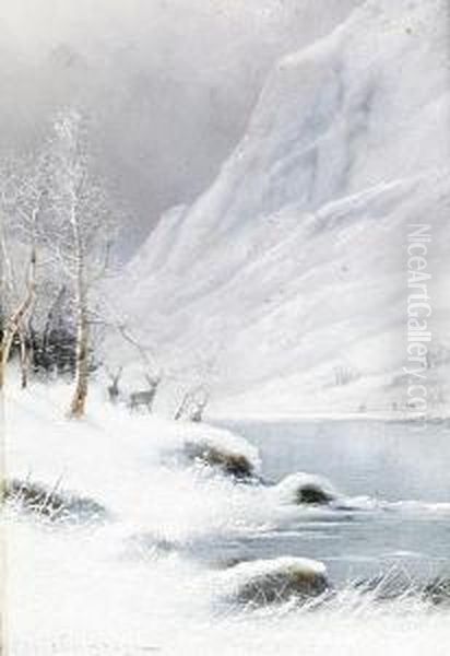 Stags In A Winter Lake Scene - view 1