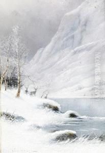 Stags In A Winter Lake Scene