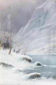 Deer In A Winter Landscape; River Scene Withmountains by Nils Hans Christiansen