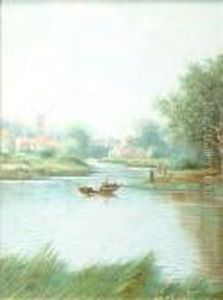 River Scenewith Boat And Figures, A Windmill Beyond by Nils Hans Christiansen