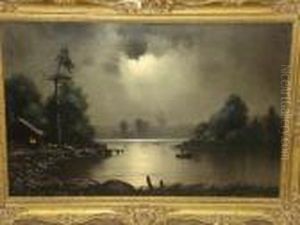 A Moonlit River Scene, Signed