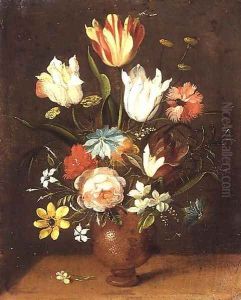Tulips roses pinks and other flowers in a vase by Jan van Kessel