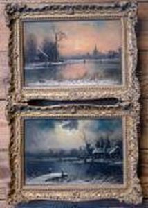 Winter Lake Scenes By Moonlight And At Sunset by Nils Hans Christiansen
